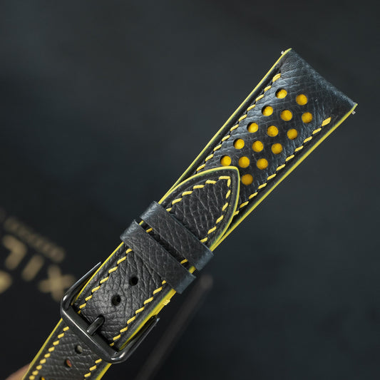 Padded Black Epsom Calfskin Leather Rally Watch Strap – Yellow Racing Holes & Stitch