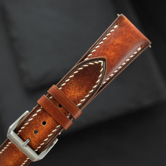 Padded Cognac Patina Leather Watch Strap – White Stitch