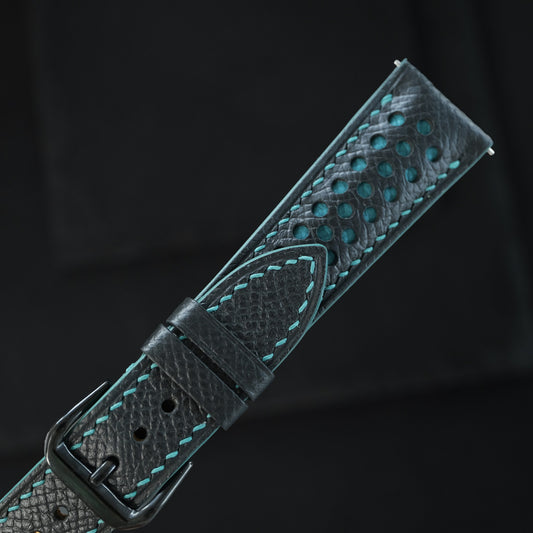 Padded Black Epsom Calfskin Leather Watch Strap – Cream Stitch, Turquoise Underlay