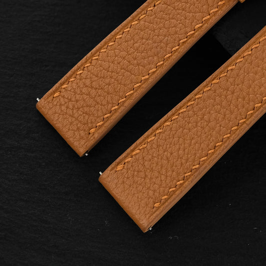 Flat Gold Brown Togo Calfskin Leather Watch Strap