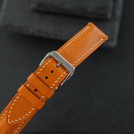 Padded Orange Epsom Calfskin Leather Watch Strap - Cream Stitch