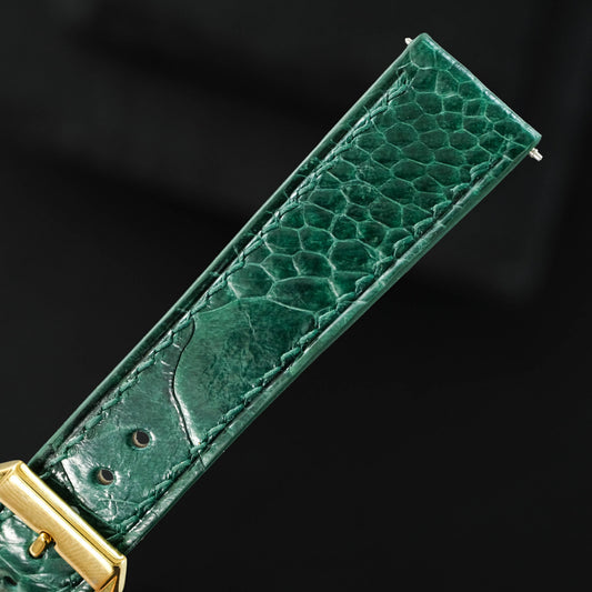 Flat Deep Green Ostrich Leg Leather Watch Strap - Gold Buckle