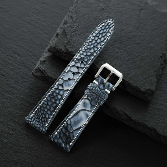 Flat Charcoal Gray Ostrich Leg Leather Watch Strap - White Stitch, Black Edge