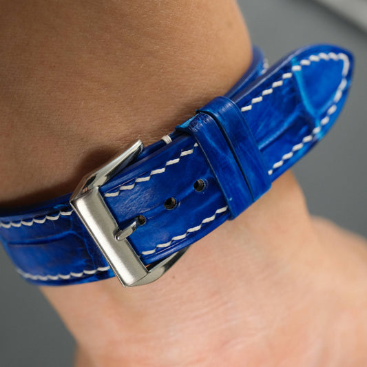 Flat Electric Blue Patina Alligator Leather Watch Strap – White Stitch