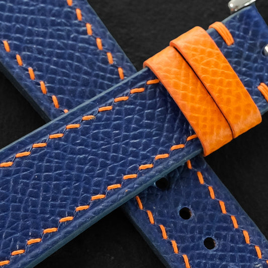 Flat Navy Epsom Calfskin Leather Watch Strap - Orange Stitch & Keeper