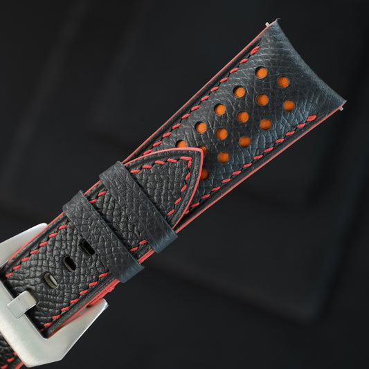 Padded Black Epsom Calfskin Leather Rally Watch Strap – Red Racing Holes & Stitch