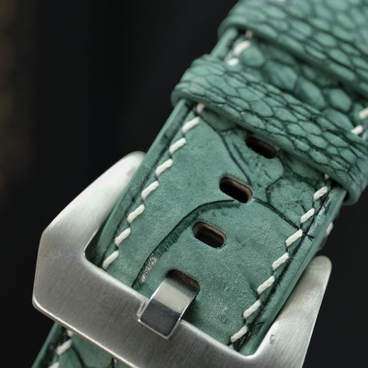 Padded Mint Green Ostrich Leg Leather Watch Strap – White Stitch