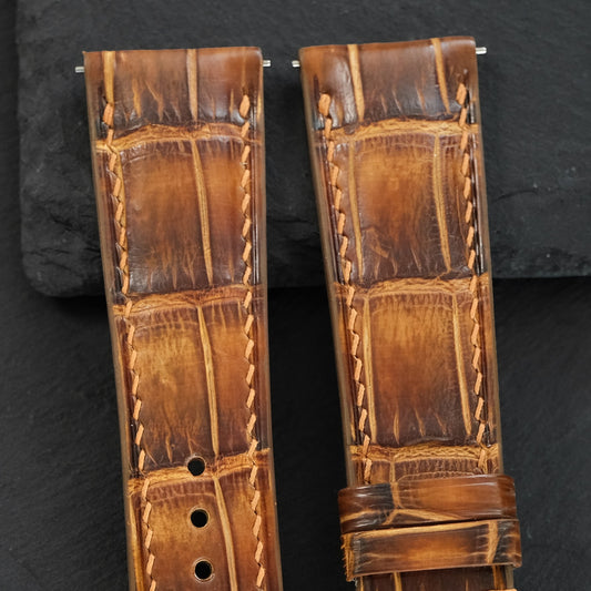 Padded Vintage Cognac Patina Alligator Leather Watch Strap