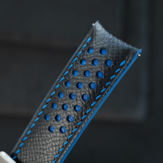 Padded Black Epsom Calfskin Leather Rally Watch Strap – Blue Racing Holes & Stitch
