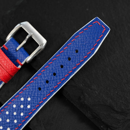 Flat Blue Epsom Leather Rally Watch Strap - White Racing Holes, Red Stitch, Pilot Tip