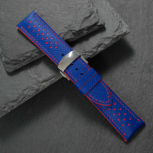 Padded Blue Epsom Leather Rally Watch Strap - Red Racing Holes, Stitch & Edge