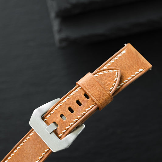 Flat Brown Waxed Cowhide Leather Watch Strap - White Stitch, Pre-V Buckle