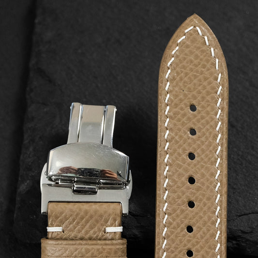 Flat Taupe Epsom Calfskin Leather Watch Strap with Deployant Clasp