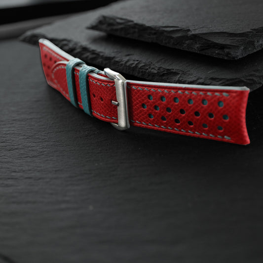 Padded Red Epsom Leather Rally Watch Strap - Turquoise Racing Holes, Stitch & Keeper