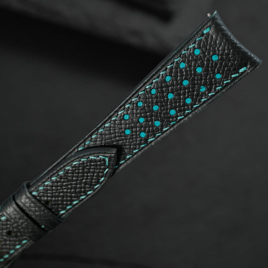Padded Black Epsom Leather Rally Watch Strap - Turquoise Racing Holes & Stitch
