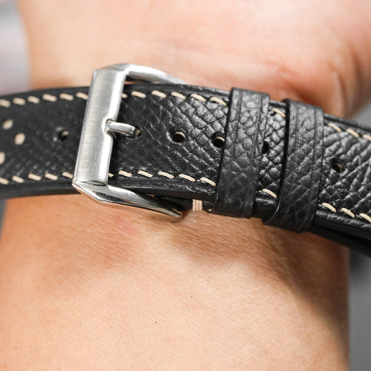 Padded Black Epsom Leather Rally Watch Strap - Cream Racing Holes & Stitch