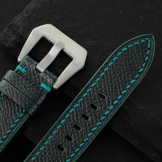 Flat Black Epsom Leather Rally Watch Strap Turquoise Racing Holes — ảnh 2