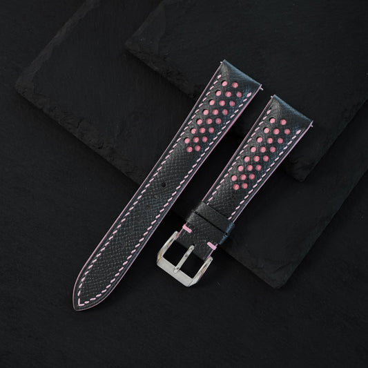Padded Black Epsom Calfskin Leather Watch Strap – Cream Stitch, Pink Underlay