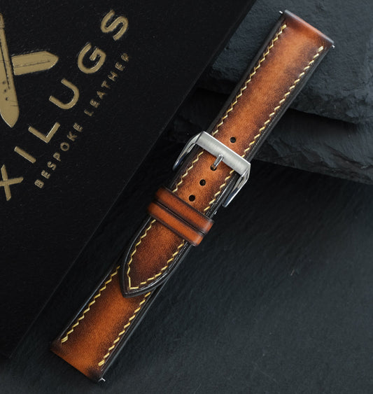 Flat Burnt Orange Patina Leather Watch Strap – Yellow Stitch
