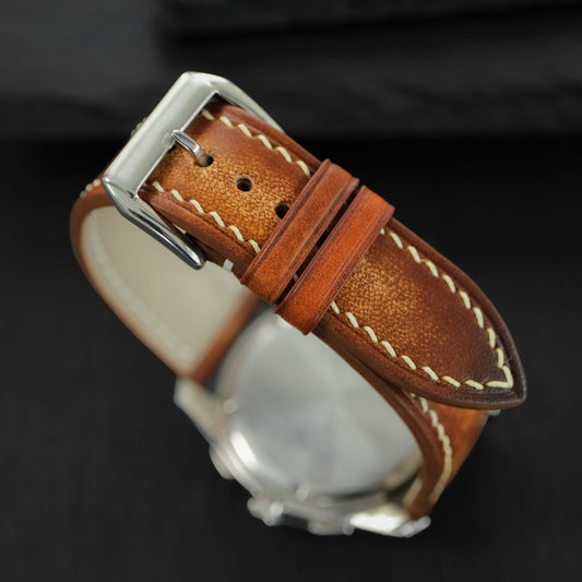 Padded Cognac Patina Leather Watch Strap – Beige Stitch