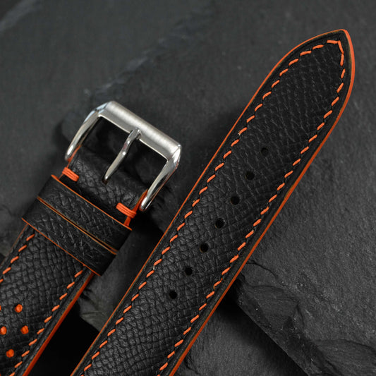 Padded Black Epsom Leather Rally Watch Strap - Orange Racing Holes, Stitch & Edge