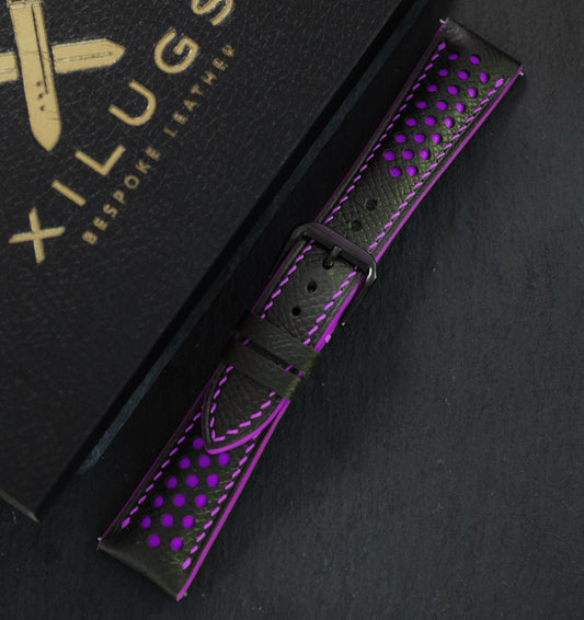 Padded Black Epsom Leather Rally Watch Strap – Purple Racing Holes, Edge & Stitch