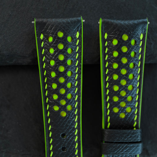 Padded Black Epsom Leather Rally Watch Strap – Green Racing Holes, Edge & Stitch