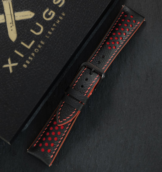 Padded Black Epsom Leather Rally Watch Strap – Red Racing Holes & Stitch