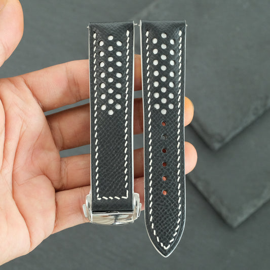 Black Rally Watch Strap - White Stitch