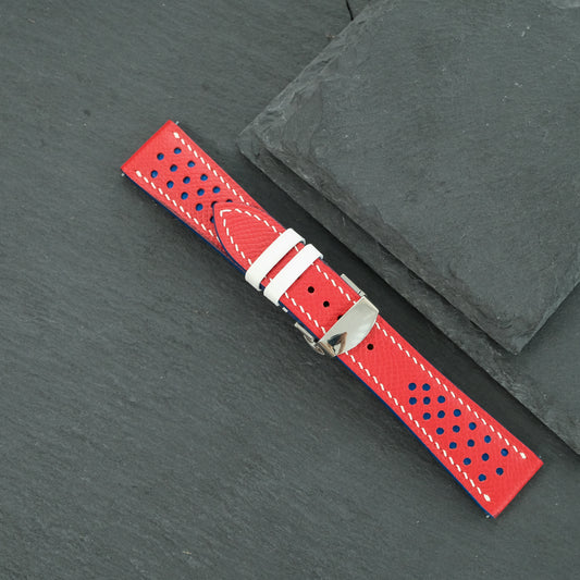 Red Rally Watch Strap - Blue Stitch
