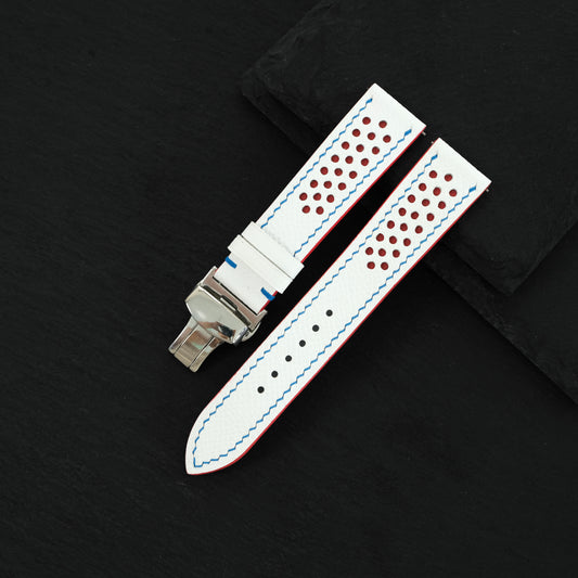 Flat White Epsom Red Rally Racing Holes Leather Watch Strap Blue Stitch — ảnh 2