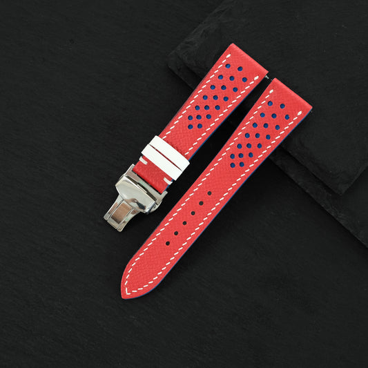 Flat Red Epsom Navy Rally Strap Racing Holes Leather Watch White Stitching — ảnh 2