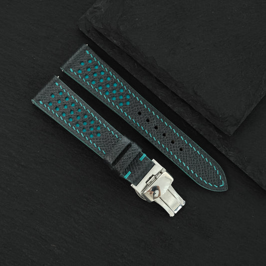 Flat Black Epsom Leather Rally Watch Strap - Turquoise Racing Holes & Stitch — ảnh 2