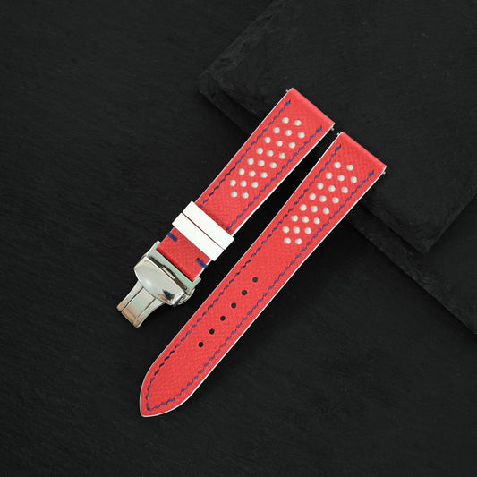 Flat Red Epsom Leather Rally Watch Strap - White Racing Holes, Blue Stitch — ảnh 2