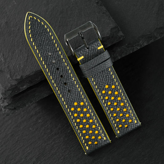 Flat Black Epsom Leather Rally Watch Strap - Yellow Racing Holes & Stitch — ảnh 2