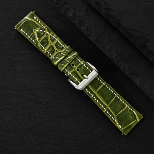Flat Olive Patina Alligator Leather Watch Strap