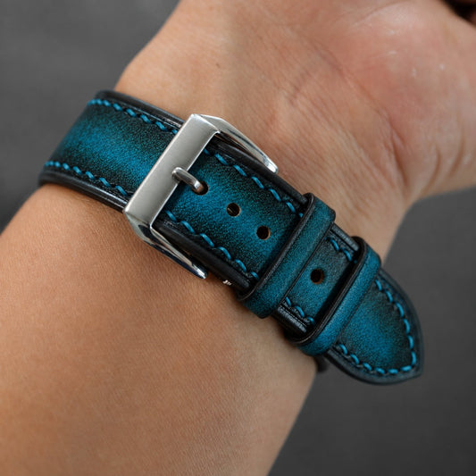 Aqua Black Patina Leather Watch Strap on the wrist