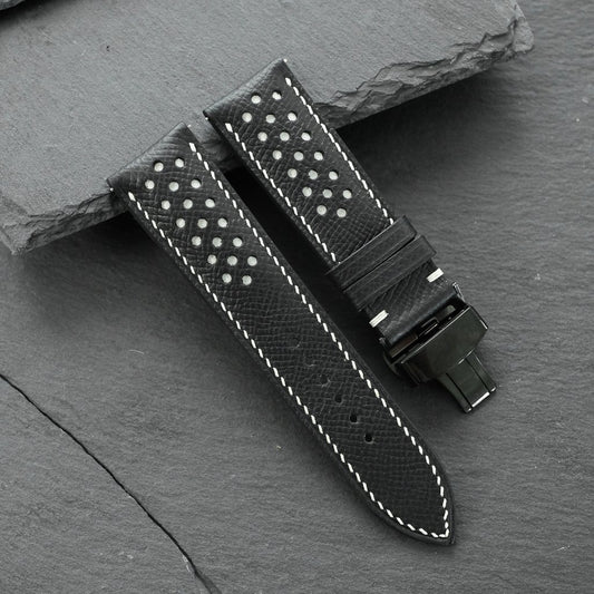 Padded Black Epsom Leather Rally Watch Strap - White Racing Holes & Stitch — photo 13