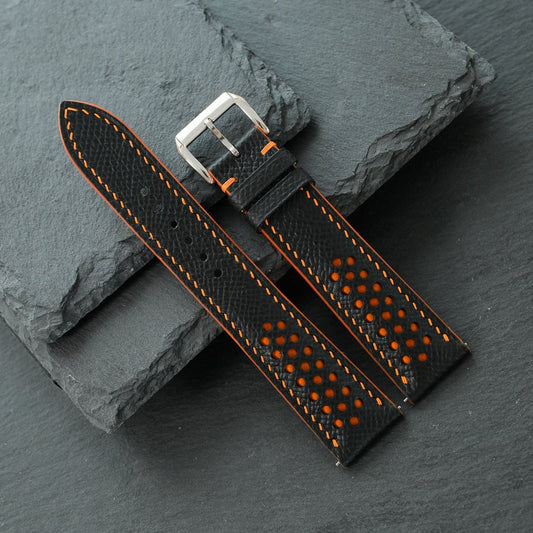 Padded Black Epsom Leather Rally Watch Strap - Orange Racing Holes & Stitch — photo 3