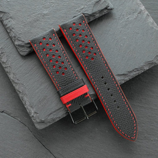 Padded Black Epsom Leather Rally Watch Strap - Red Racing Holes & Stitch — photo 2