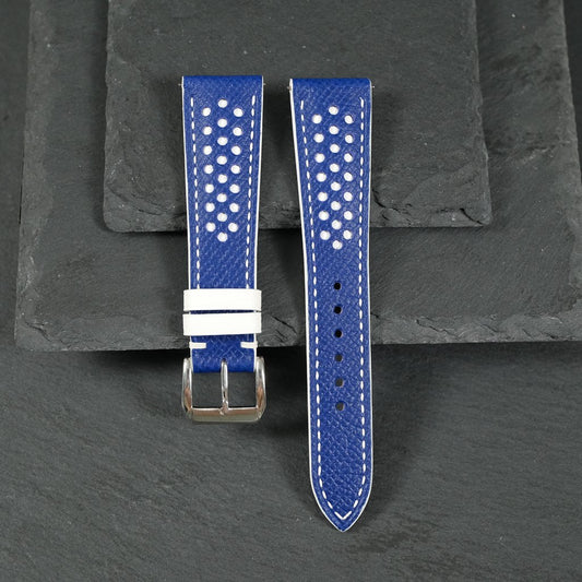 Flat Blue Epsom Leather Rally Watch Strap - White Racing Holes & Stitch — photo 11