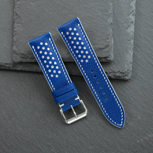 Padded Blue Epsom Leather Rally Watch Strap - White Racing Holes & Stitch — photo 2
