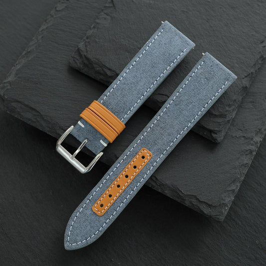 Flat Denim Blue Canvas Watch Strap with Leather Trim — photo 4