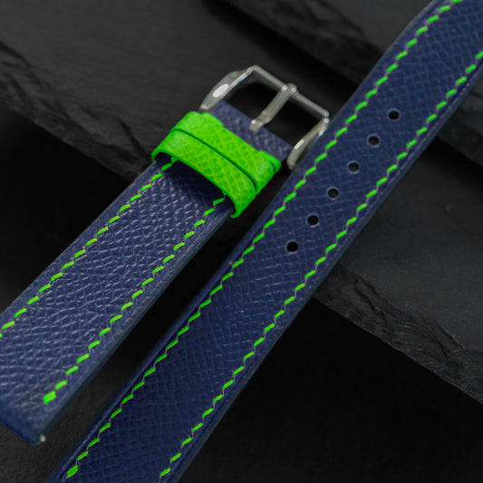 Flat Navy Epsom Calfskin Leather Watch Strap – Green Stitch & Keeper
