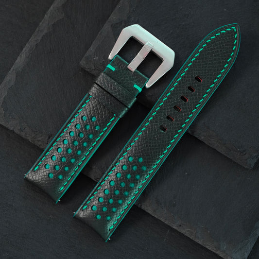 Padded Black Epsom Leather Rally Watch Strap – Turquoise Racing Holes & Stitch