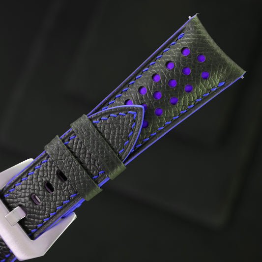 Padded Black Epsom Leather Rally Watch Strap – Purple Racing Holes & Stitch
