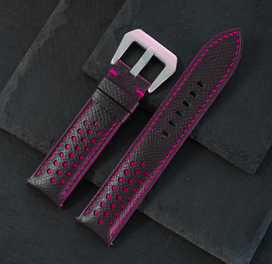 Padded Black Epsom Leather Rally Watch Strap – Dark Rose Racing Holes, Edge & Stitch — ảnh 7