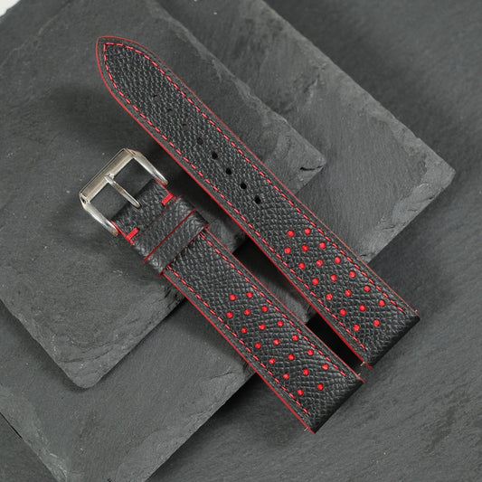 Flat Black Epsom Leather Rally Watch Strap - Red Racing Holes & Stitch — photo 4