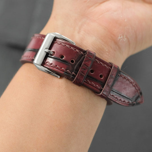 Flat Burgundy Oxblood Patina Alligator Leather Watch Strap