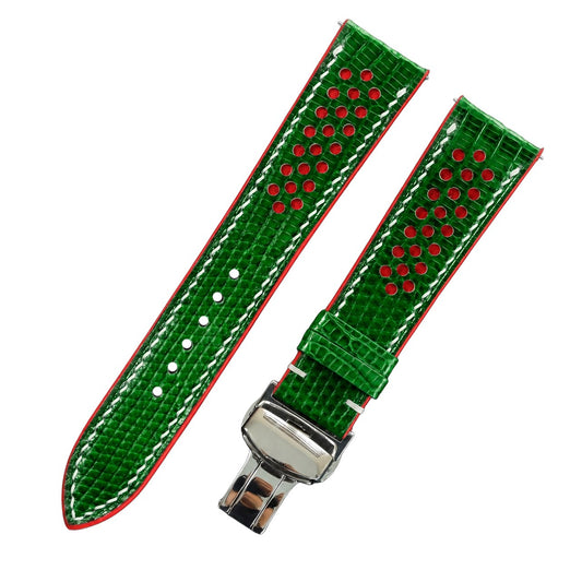 Green Lizard Leather Rally Watch Strap – Red Racing Holes